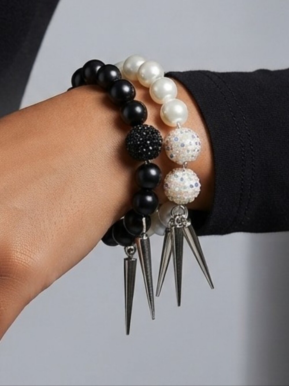 Pearl and Black Bead Spike Stretch Bracelet Set